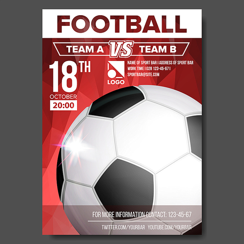 Soccer Poster Vector. Banner Advertising. Sport Event Announcement. Ball. Announcement, Game, League Design Championship Illustration