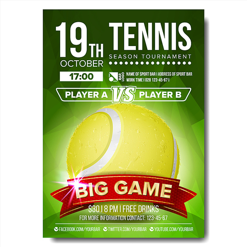Tennis Poster Vector. Sport Event Announcement. Vertical Banner Advertising. Professional League. Event Label Illustration