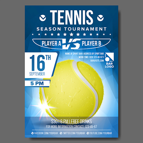 Tennis Poster Vector. Tennis Ball. Vertical Design For Sport Bar Promotion. Tennis Flyer. Invitation Illustration