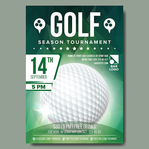 Golf Poster Vector. Golf Ball. Vertical Design For Sport Bar Promotion. Tournament, Championship Flyer Design. Golf Club Flyer. Invitation Label Illustration
