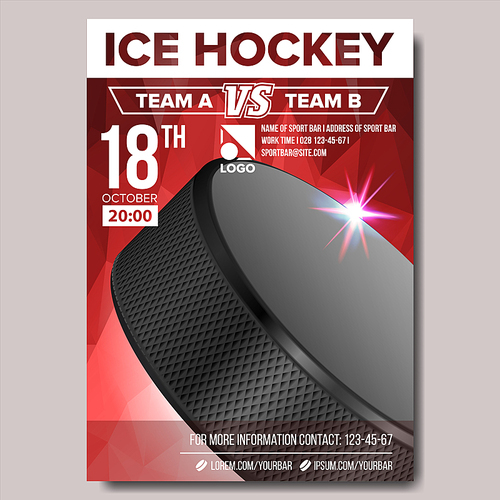 Ice Hockey Poster Vector. Banner Advertising. A4 Size. Sport Event Announcement. Winter Game, League Design. Championship Illustration