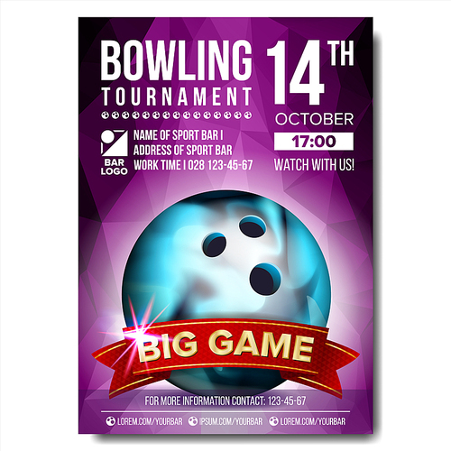 Bowling Poster Vector. Sport Event Announcement. Banner Advertising. Professional League. Vertical Sport Invitation Template. Event Label Illustration