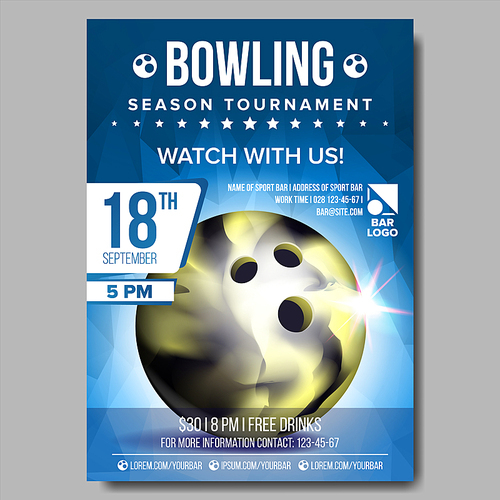 Bowling Poster Vector. Bowling Ball. Vertical Design For Sport Bar Promotion. Tournament, Championship Flyer Design. Bowling Club Flyer. Invitation Label Illustration