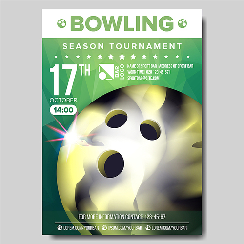 Bowling Poster Vector. Banner Advertising. Sport Event Announcement. Ball. A4 Size. Announcement, Game, League Design Championship Label Illustration
