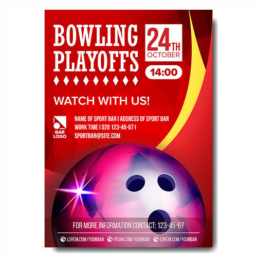 Bowling Poster Vector. Sport Event Announcement. Banner Advertising. Professional League. Vertical Sport Invitation Template. Event Label Illustration