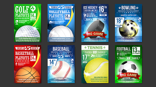 Sport Posters Set Vector. Golf, Baseball, Ice Hockey, Bowling, Basketball, Tennis, Soccer, Football. Banner Advertising. Event Announcement Ball A4 Size Game Design Championship Label Illustration
