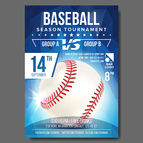 Baseball Poster Vector. Baseball Ball. Design For Sport Bar Promotion. Baseball Club, Academy Flyer. Invitation Illustration