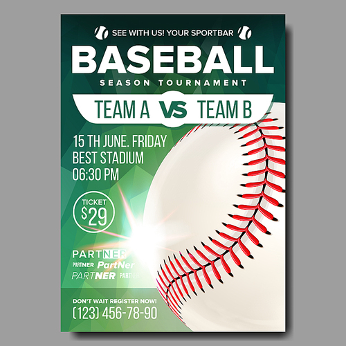 Baseball Poster Vector. Banner Advertising. Base, Ball. Sport Event Tournament Announcement. Announcement, Game, League Design. Championship Blank Layout Illustration