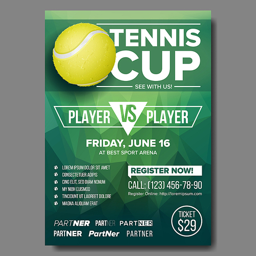 Tennis Poster Vector. Design For Sport Bar Promotion. Court, Tennis Ball. Modern Flyer Tournament. Sport Event Announcement. Banner Advertising. Label Template Illustration