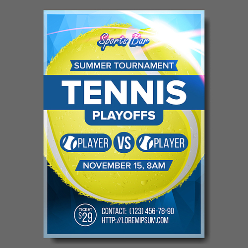 Tennis Poster Vector. Sports Bar Event Announcement. Vertical Banner Advertising. Court. Professional League. A4 Size. Event Label, Flyer Blank Illustration