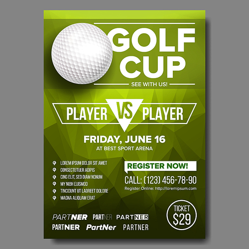 Golf Poster Vector. Design For Sport Bar Promotion. Golf Ball. Modern Tournament. Sport Event Announcement. Banner Advertising. Championship Template Illustration