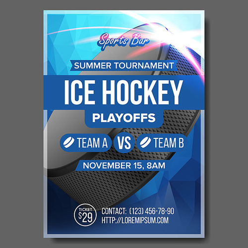 Ice Hockey Poster Vector. Sport Event Announcement. Vertical Banner Advertising. Professional League. Cold. Ice Game. Tournament Event Label Illustration