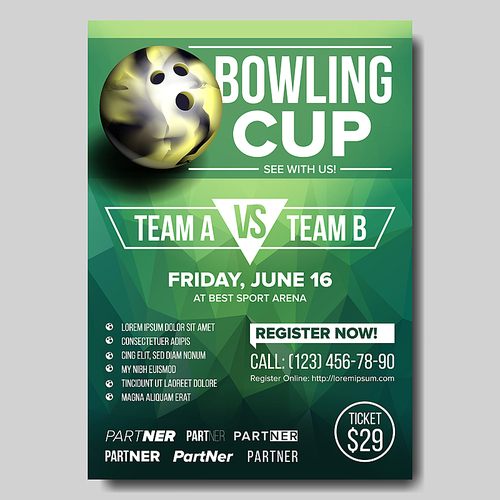 Bowling Poster Vector. Design For Sport Pub, Cafe, Bar Promotion. Bowling Club Ball. Modern Tournament. Sport Event Announcement. Banner Advertising. Championship Layout Template Illustration