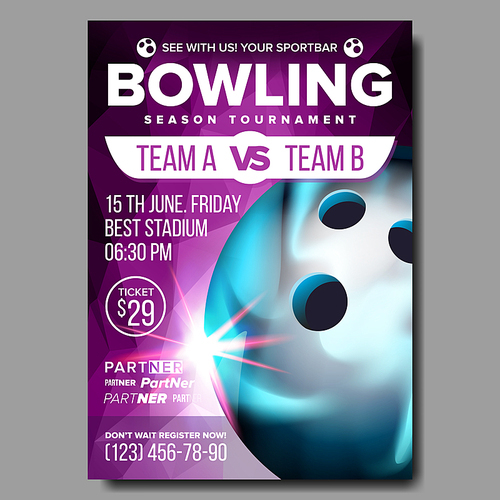 Bowling Poster Vector. Banner Advertising. Sport Event Announcement. Ball. A4 Size. Announcement, Game, League Design. Championship Layout Blank Label Illustration