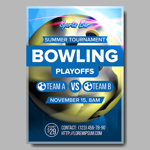 Bowling Poster Vector. Sport Event Announcement. Club Banner Advertising. Professional League. Vertical Sport Invitation Template. Strike. Pub, Cafe, Event Label Illustration