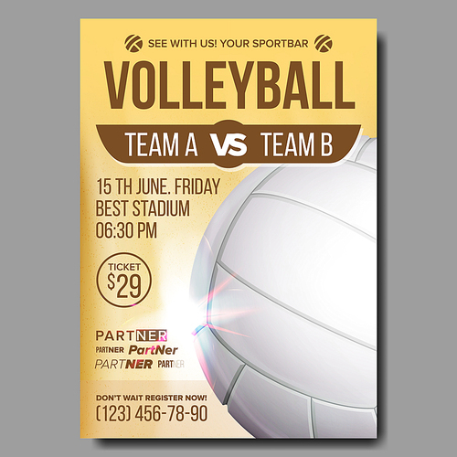 Volleyball Poster Vector. Volleyball Ball. Sand Beach. Design For Sport Bar Promotion. Vertical Volleyball Club. Cafe, Pub Flyer. Summer Game. Championship Blank Invitation Illustration