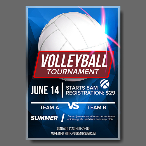 Volleyball Poster Vector. Banner Advertising. Sand Beach, Net. Sport Event Announcement. A4 Size. Game, League Design. Volley Championship Label Illustration