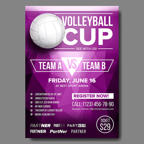 Volleyball Poster Vector. Sport Event Announcement. Ball. Banner Advertising. Event Promo. Template Design. Professional League. Summer Game. Volley. A4 Size Event Illustration