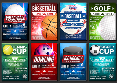 Sport Poster Vector. Soccer, Tennis, Golf, Basketball, Bowling, Baseball, Ice Hockey. Event Design Template. Sport Bar Promo, Bowling Ball Tournament A4 Championship Flyer Announcement Illustration