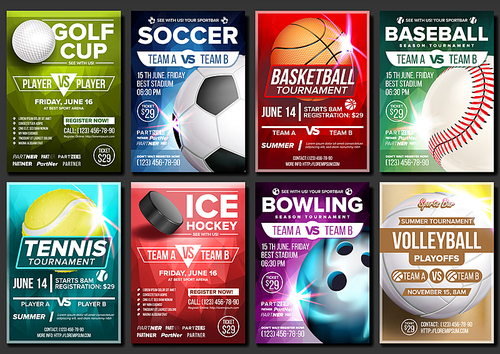 Sport Poster Set Vector. Ice Hockey, Bowling, Basketball, Golf, Baseball, Tennis, Soccer, Football. Banner Advertising Event Announcement Ball A4 Size Template Game Championship Illustration