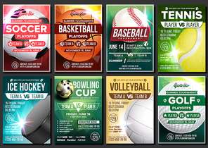 Sport Poster Set Vector. Tennis, Basketball, Soccer, Golf, Baseball, Ice Hockey, Bowling. Event Announcement. Banner Template Advertising League Tournament Vertical Sport Invitation Illustration