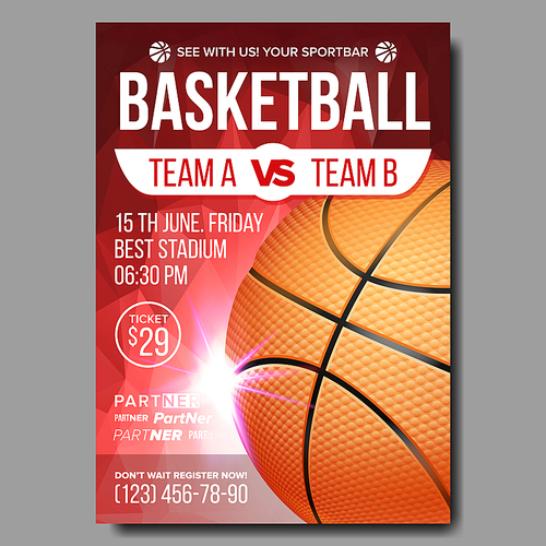 Basketball Poster Vector. Tournament Banner Advertising. Sports Bar Event Announcement. Game, League, Camp Design Blank. Basketball Ball. Championship Illustration
