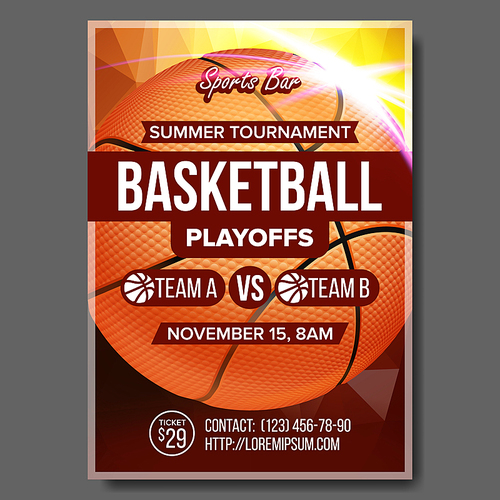 Basketball Poster Vector. Sport Event Announcement. Banner Advertising Leaflet. Ball. Professional League. Event Flyer Illustration