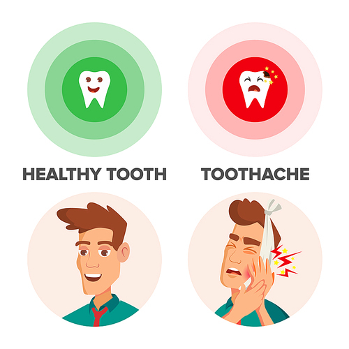 Healthy Tooth And Toothache Vector. Man With Toothache And Bandage. Concept For Dentist, Diseases, Tooth Day. Isolated On White Cartoon Character