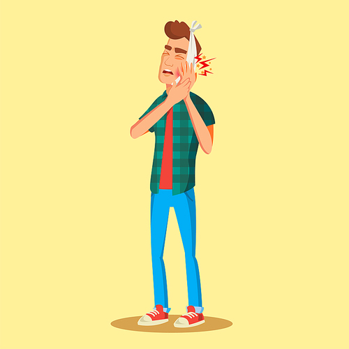 Toothache Concept Vector. Unhappy Man With Ache. Pain In The Human Body. Flat Cartoon Illustration