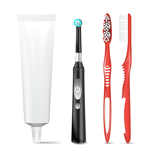 Plastic And Electric Toothbrush, Toothpaste Tube Vector. Mock Up For Branding Design. Isolated On White Illustration.