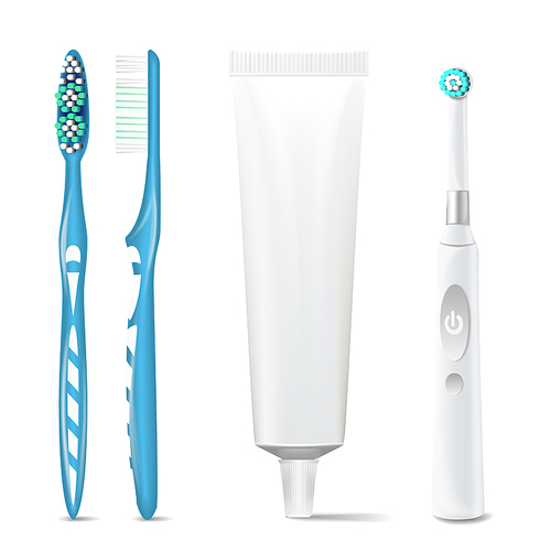 Plastic, Electric Toothbrush, Toothpaste Tube Vector. Mock Up For Branding Design. Isolated Dental Concept. Illustration.