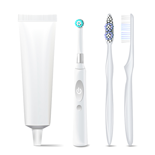 Toothpaste Tube, Plastic And Electric Toothbrush Vector. Mock Up For Branding Design. Isolated Dental Care Health, Hygiene Healthy Illustration.
