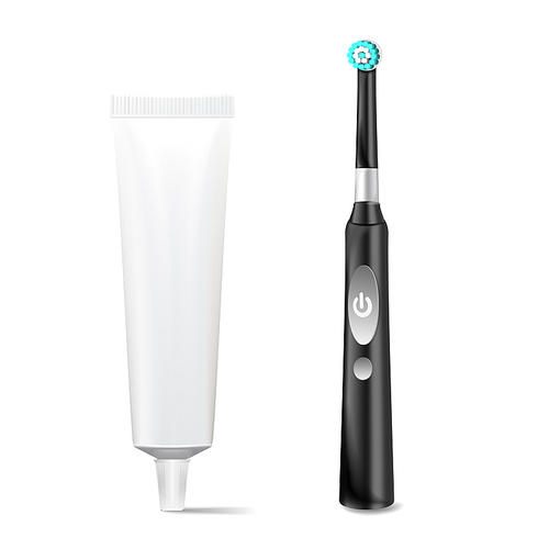 Toothbrush And Toothpaste Tube Vector. Realistic Electric Tooth Brush Mock Up For Branding Design. Isolated On White Illustration.