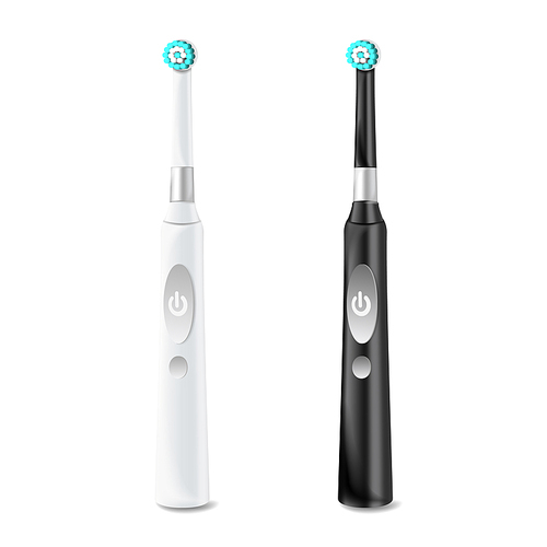 Electric Toothbrush Set Vector. Realistic Classic Tooth Brush Mock Up For Branding Design. Black And White. Isolated