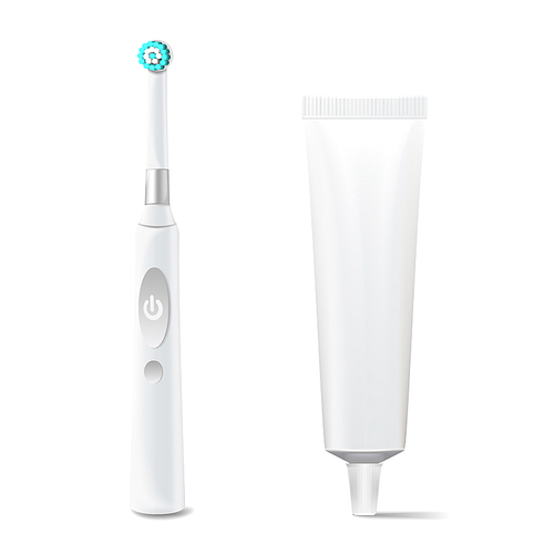 Electric Toothbrush, Toothpaste Tube Vector. Realistic Classic Tooth Brush Mock Up For Branding Design. Isolated On White Illustration.