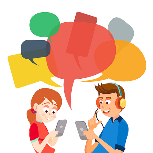 Teen Girl And Boy Messaging Vector. Communicate On Internet. Chatting On Network. Using Smartphone. Chat Bubbles. Social Media Addiction