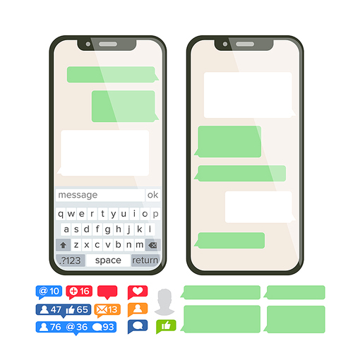 Mobile Screen Messaging Vector. Chat Bot Bubbles Set. Mobile App Messenger Interface. Communication Concept. Smartphone With Chat On Screen. Empty Text Boxes. Notification Icons. Isolated Illustration