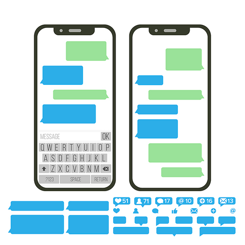 Chatbot Text Message Vector. Chat Bot Bubble Set Template. Modern Mobile Application Messenger Interface. Smartphone With Chat On Screen. Empty Text Boxes. Notification Icons. Flat Illustration