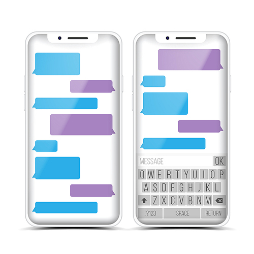 Social Messenger Vector. Speech Bubbles Constructor. Realistic Modern Mobile Application Messenger Interface. Smartphone With Chat On Screen. Empty Text Boxes. Illustration