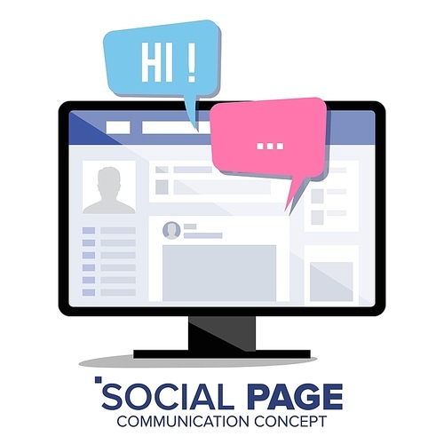 Social Page On Monitor Screen Vector. Speech Bubbles. Social Media User Web Page. Isolated Illustration