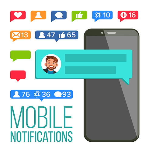 Chat Notification Vector. Mobile Phone Screen. New Messages, Likes, E-mail. Chatting Bubble Speeches. Flat Isolated Illustration