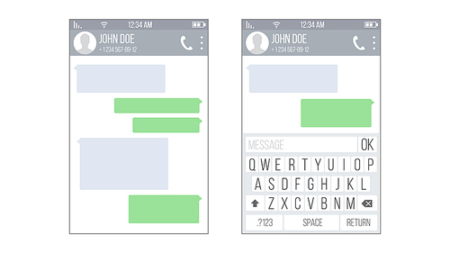 Chat, Sms Application Vector Template. Message Boxes. Modern Mobile Keyboard Isolated Illustration
