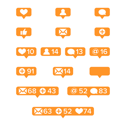 Notifications Icons Template Vector. Social network app symbols of heart like, new message bubble, friend request quantity number. Smartphone application messenger interface web notice