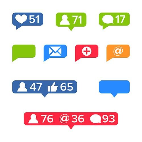 Notifications Icons Template Vector. Social network app symbols of heart like, new message bubble, friend request quantity number. Smartphone application messenger interface web notice elements
