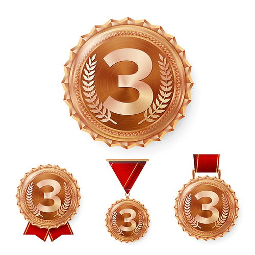 Champion Bronze Medals Set Vector. Metal Realistic 3rd Placement Winner Achievement. Number Three. Round Medal With Red Ribbon. Relief Detail. Best Challenge Award Sport Competition Game Copper Trophy