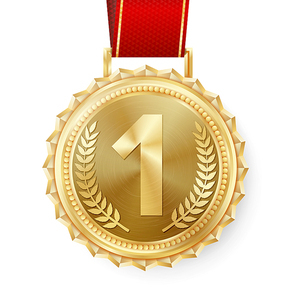 Gold Medal Vector. Best First Placement. Winner, Champion, Number One. 1st Place Achievement. Metallic Winner Award. Red Ribbon. Isolated On White Background. Realistic illustration.
