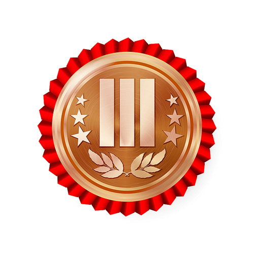 Bronze 3st Place Rosette, Badge, Medal Vector. Realistic Achievement With Third Placement. Round Championship Label With Red Rosette. Ceremony Winner Honor Prize