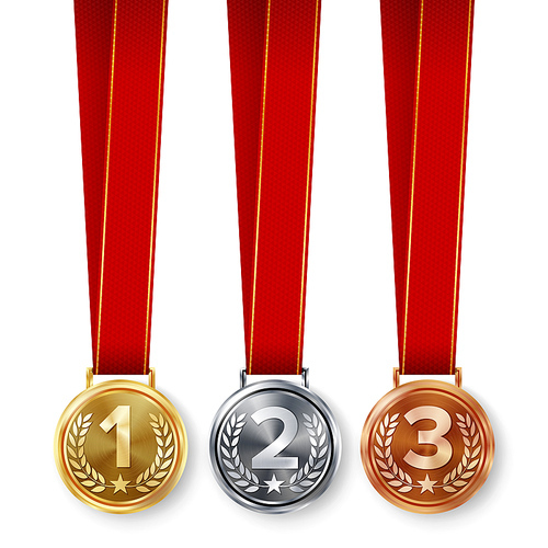 Champion Medals Set Vector. Metal Realistic First, Second Third Placement Achievement. Round Medals With Red Ribbon, Relief Detail Of Laurel Wreath.