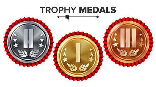 Gold, Silver, Bronze Place Badge, Medal Set Vector. Realistic Achievement With First, Second, Third Placement. Round Championship Label, Red Rosette. Winner Honor Prize.