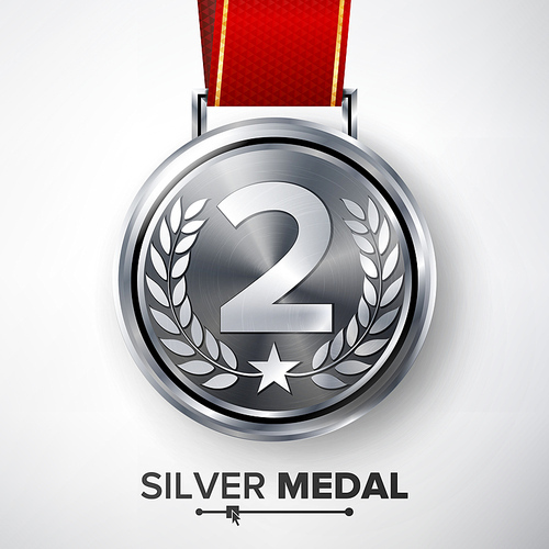 Silver Medal Vector. Metal Realistic Second Placement Achievement. Round Medal With Red Ribbon, Relief Detail Of Laurel Wreath And Star. Competition Game Siver Achievement.